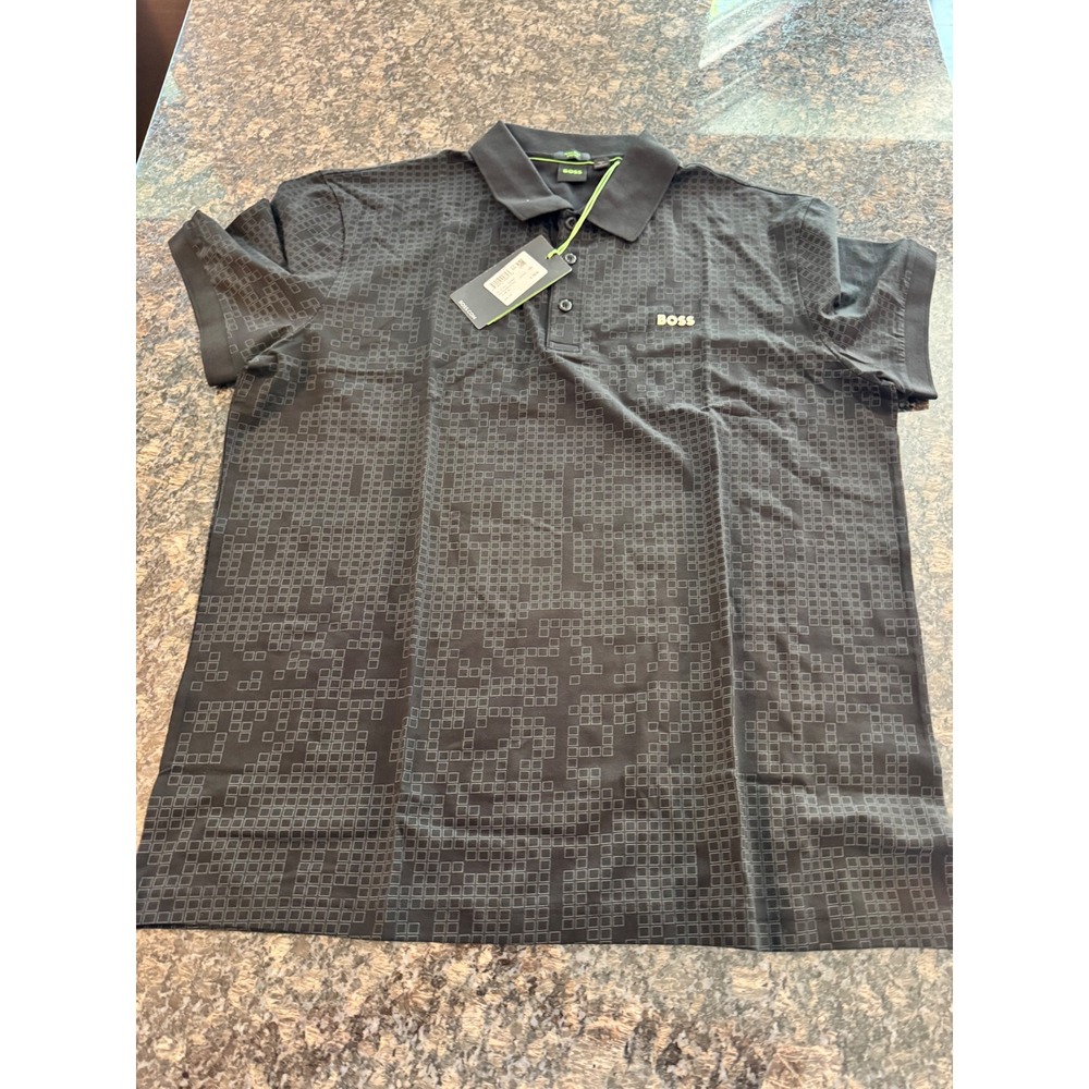 Hugo‎ Boss Men XXL Polo AO Zone Black Geometric Square Pattern Jersey Shirt NWT